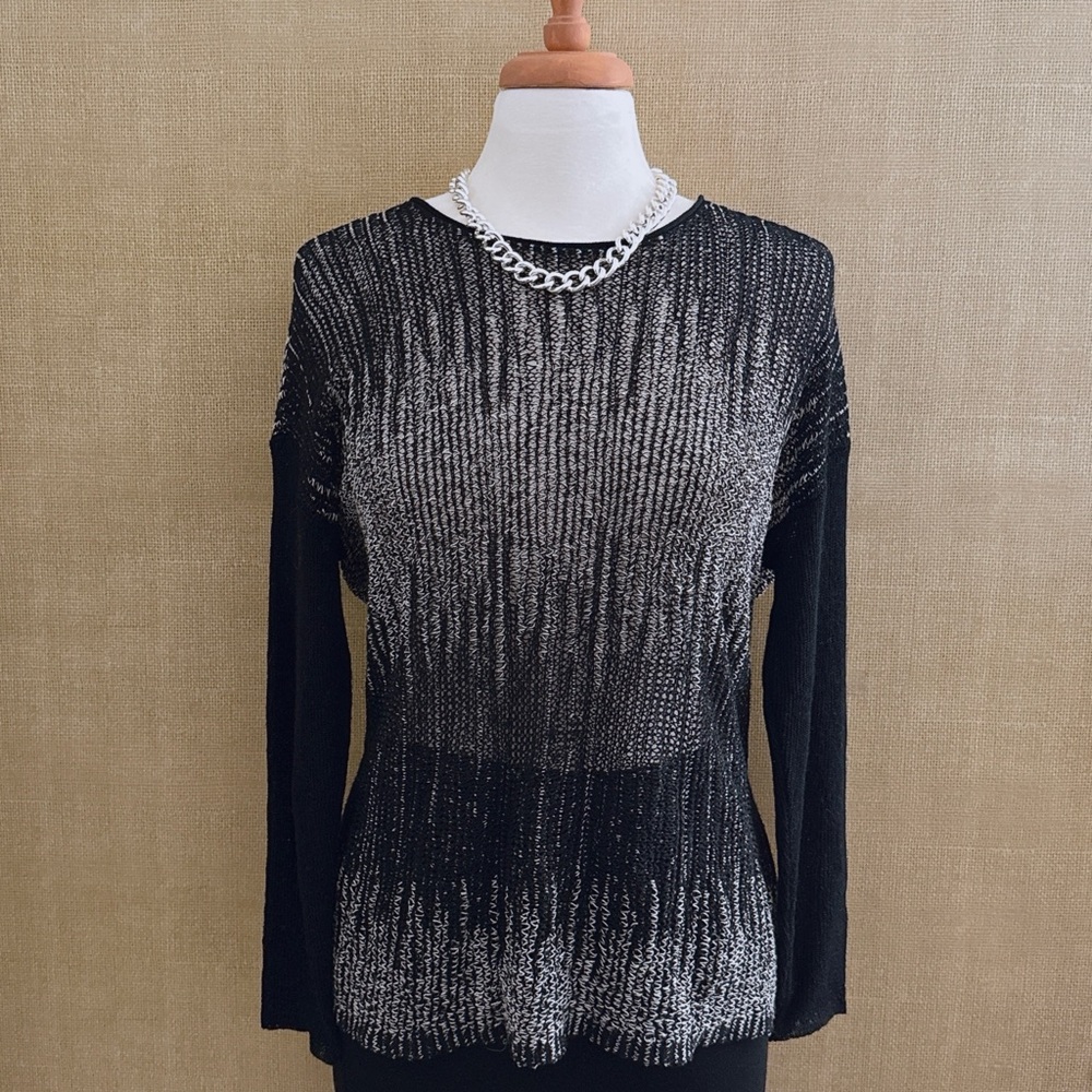 Eileen Fisher Wool Linen Sweater Knit Semi Sheer Modern Chic Black Luxe Medium - Picture 2 of 11